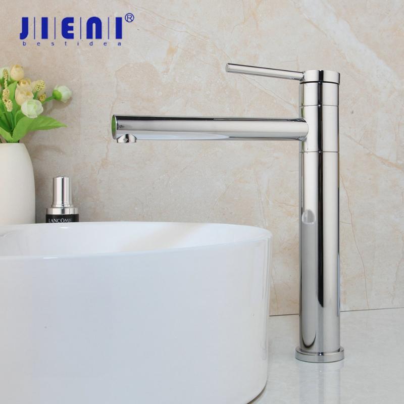 

JIENI Chrome Polish Bathroom Basin Vessel Sink Mixer Faucet Long Spout Nickel Brushed 1 Handle Water Tap Deck Mount Mixer Faucet
