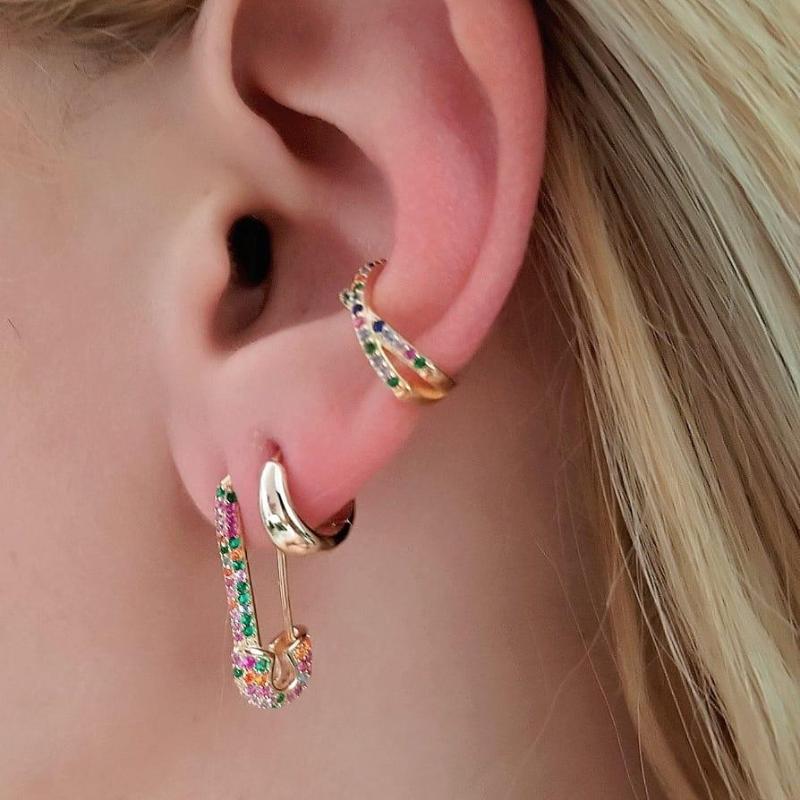 

fashion rainbow cz safety cute pin earring 2020 new design jewelry for women gift Gold filled colorful multi piercing earring