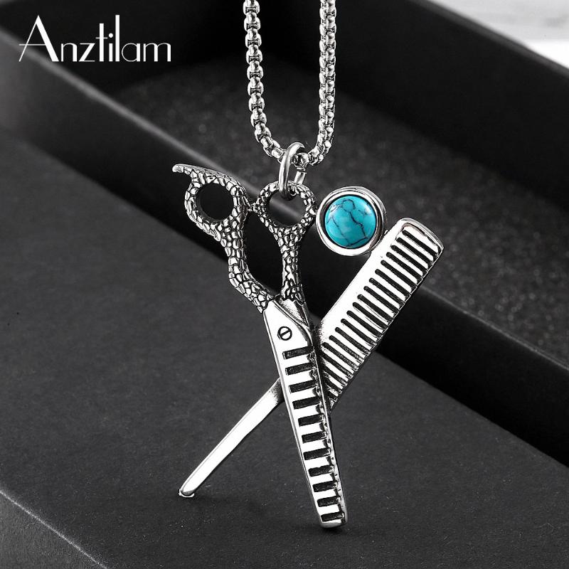 

Anztilam All New Fashion Barber Scissor Comb Stylist HIP HOP Necklace Round Cross Chain Short Long Women Silver Color Necklace
