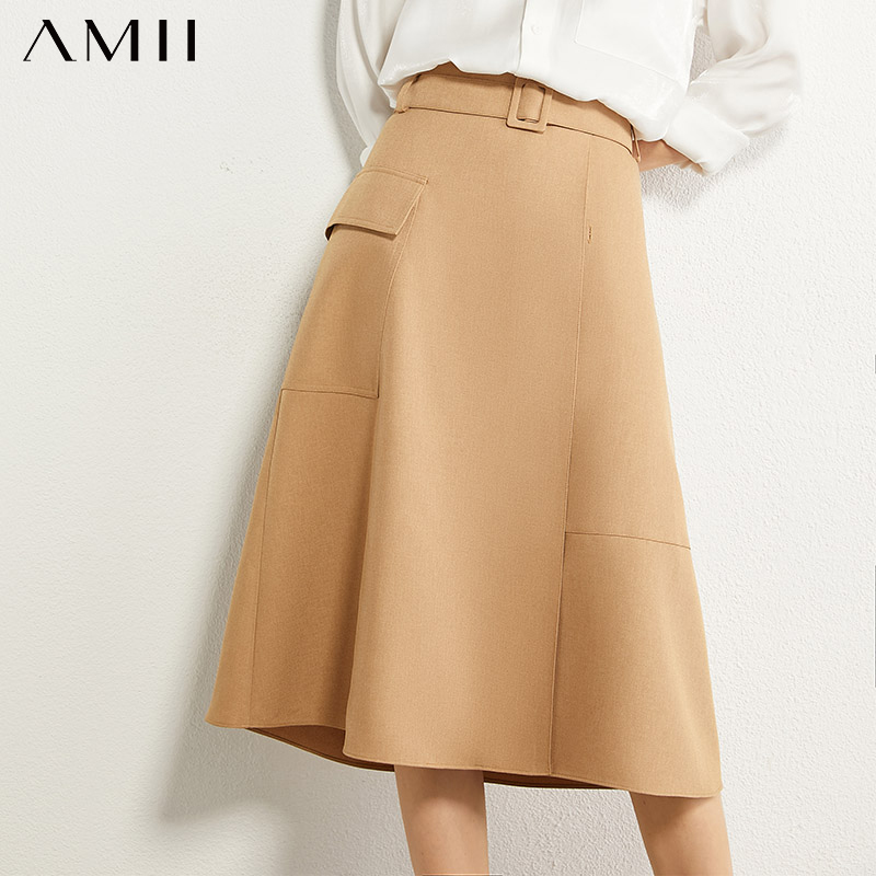 

AMII Minimalism Autumn Fashion Aline Women Skirt Solid High Waist Pocket Women Skirt Fashion Loose Female 12030307, Black