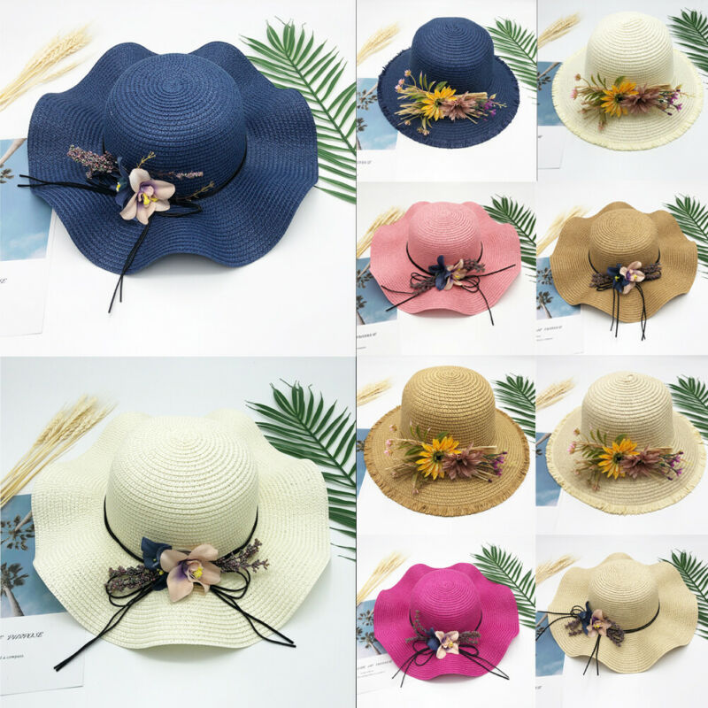 

2020 Fashion Lady Flower Beach Foldable New Summer Large Brim Straw Hat Floppy Wide Brim Sun Caps Ladies Straw Beach Sun Hat Cap, Pink