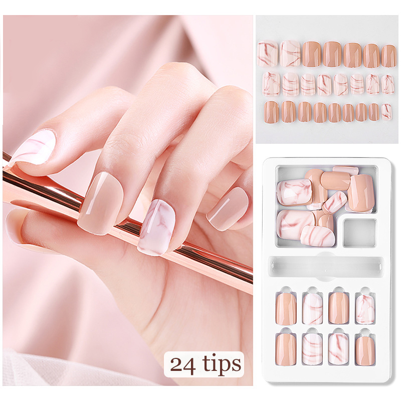 

24Pcs/set Marble Full Cover Tips False Nail Art Design Artificial Nails DIY Fashion Fake Nail Press On Short Tip, 02