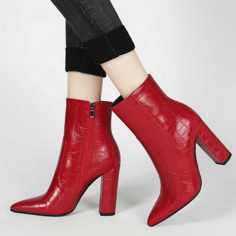 

Black Red Brown Brand Design Women Ankle Boots Fashion Pointed Toe Thick Heel Ladies Short Boots Faux Leather Autumn Winter Shoe