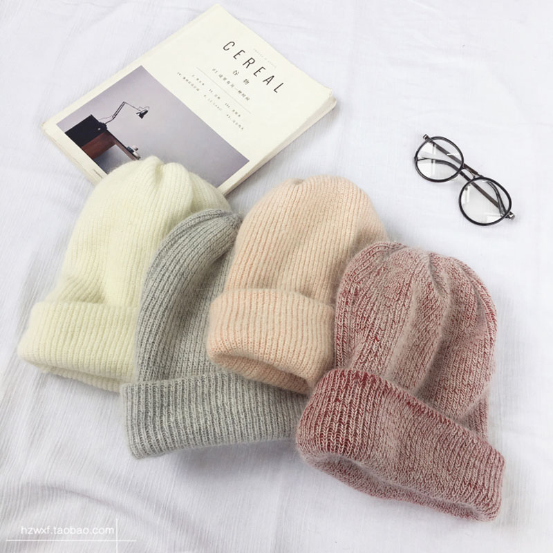 

Unisex Wool Knitted Hat Female Winter Solid Color Fur Simple Caps Warm Women Beanie Hat Ear Protection Cashmere Bonnet, White