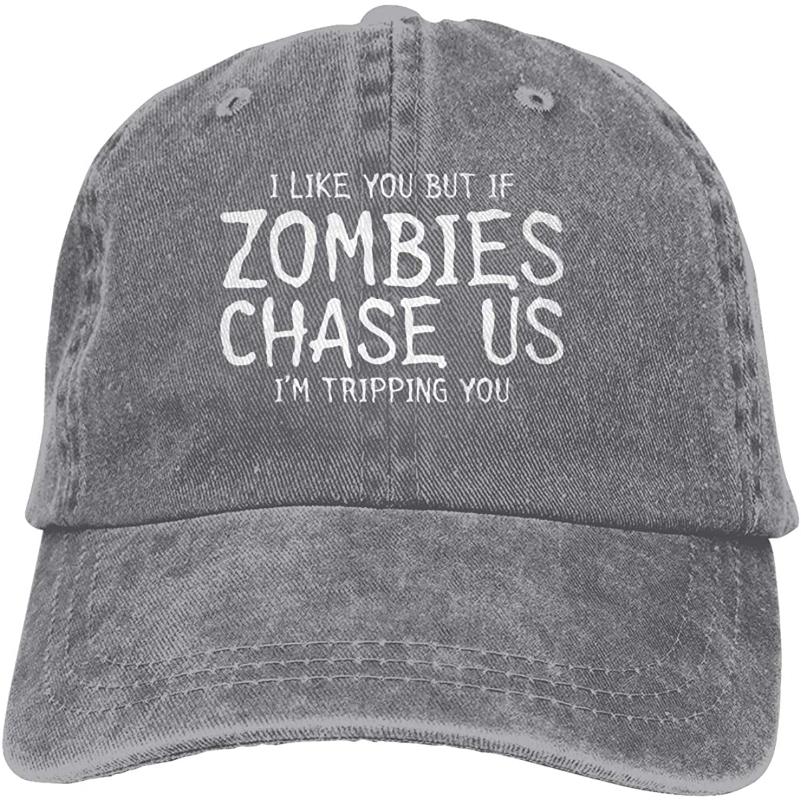 

If Zombies Chase Us I'm Tripping You Unisex Soft Casquette Cap Vintage Adjustable Baseball Caps, Gray
