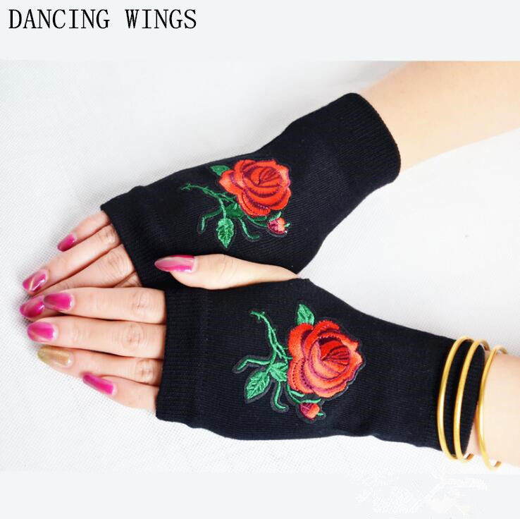 

10Pcs/Pack Women's fashion rose embroidery knitted gloves girls semi-finger gloves driving computer fingerless
