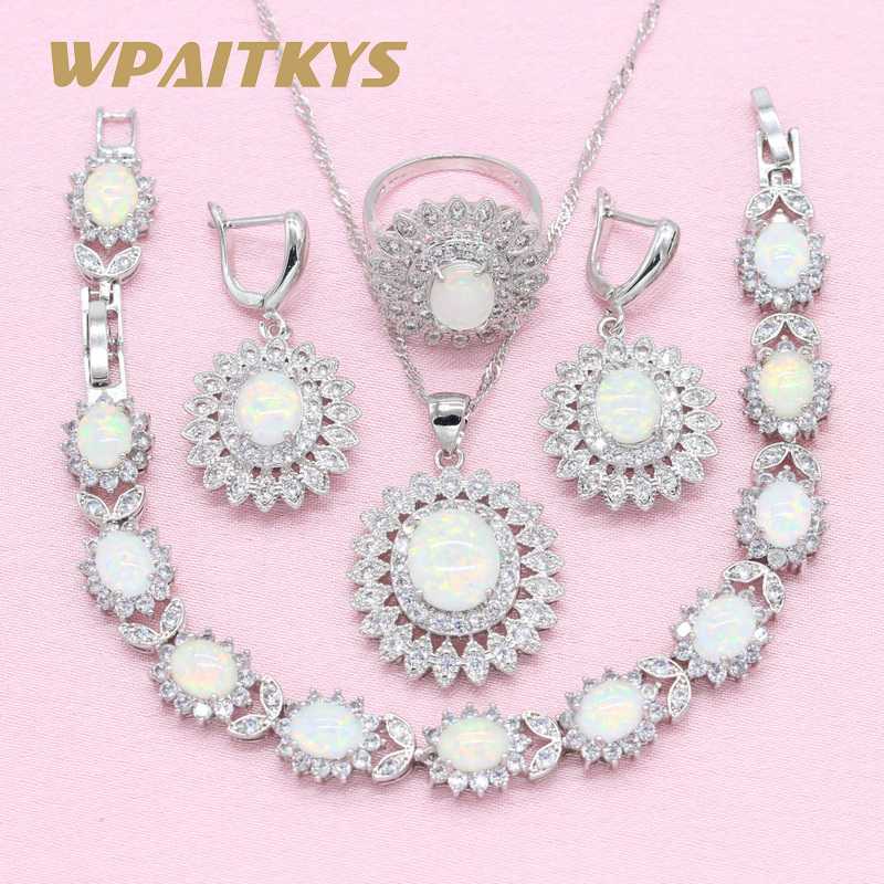 

Flower Exquisite White Opal Silver Color Jewelry Sets For Women's Party Necklace Earrings Ring Bracelet Free Box WPAITKYS, As pic
