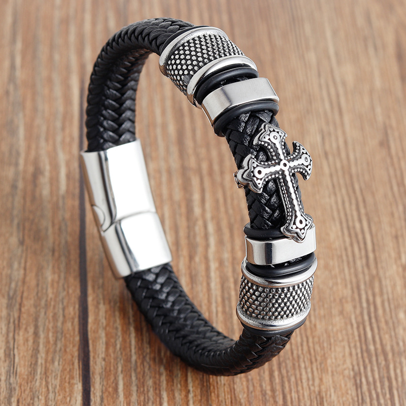 

Classical Multi-layer Handmade Leather Chain Weaved Man Bracelets Fashion New Magnet Clasp 316L Stainless Steel Wristband Cross