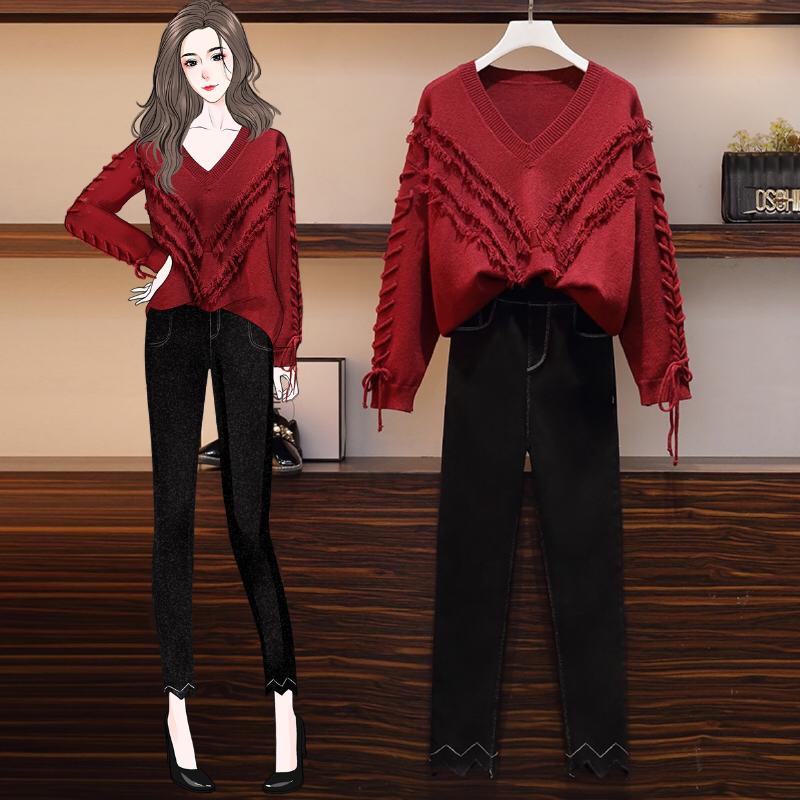 

big yards women outfit new 2020 winter knitted pullover V neck sweater jeans denim pants two pcs clothing set leisure suit