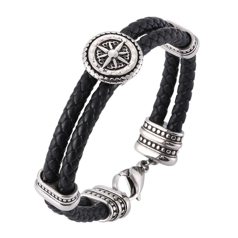 

Retro personality round shield black woven double leather bracelet Stainless steel fashion charm men's bracelet 7-SP0175