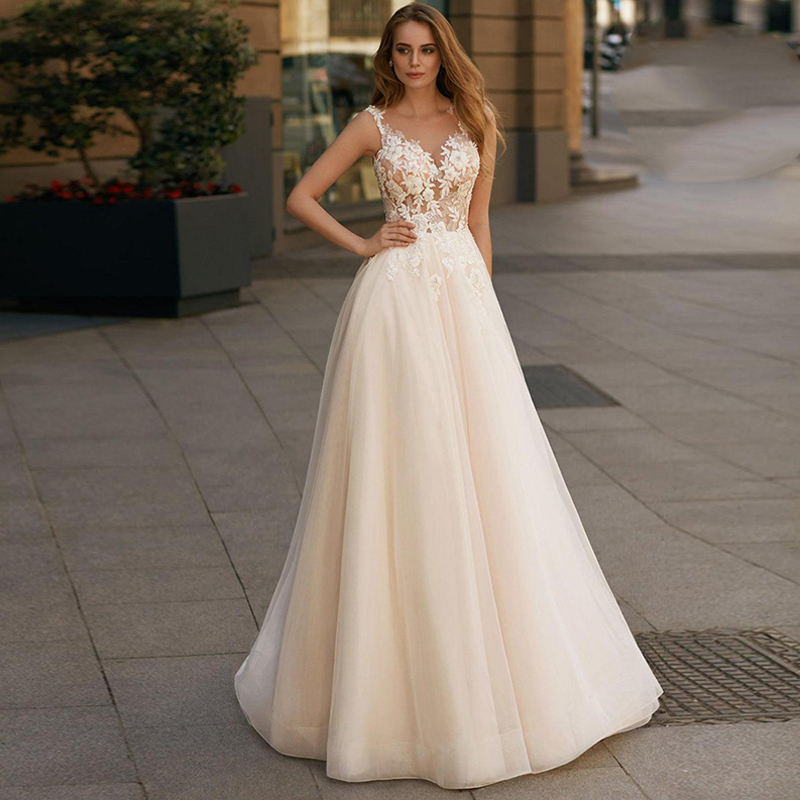 

Eightree A Line Lace Tulle Wedding Dress Sleeveless Flowers Bride Dress Appliques Vestido Backless Wedding Gowns Robe De Mariee, Customized color