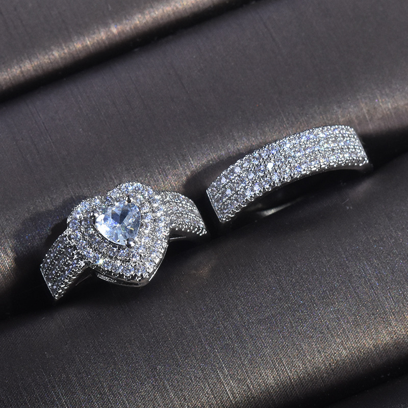 

2pcs/set Silver Plated 3 Claw Love Heart Zircon Ring Sets For Women Men Luxury Wedding Party Engagement Jewelry Accessories