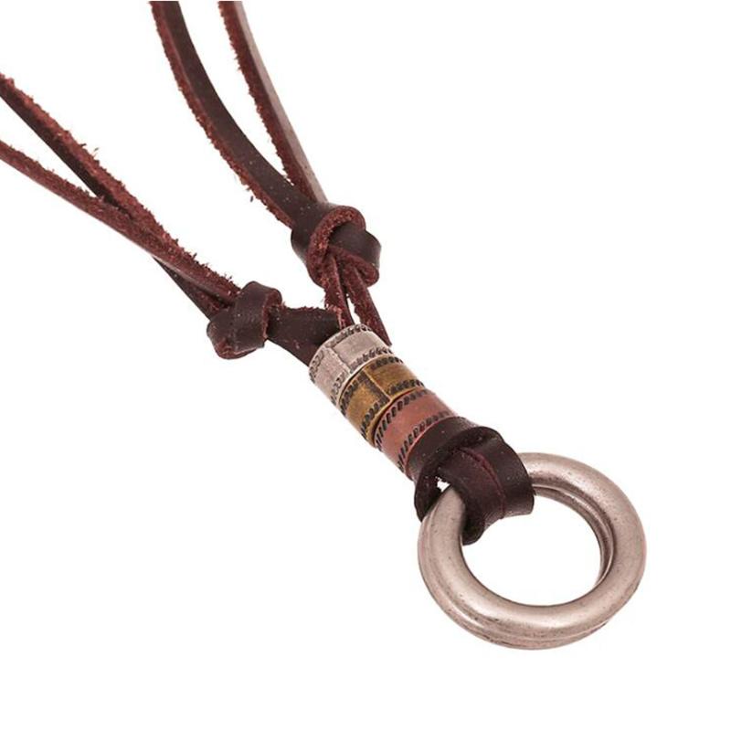 

100% Genuine Leather Men Women Necklace Double Circles Pendants Punk Vintage Adjustable Brown Rope Chain Jewelry Mens Jewelry
