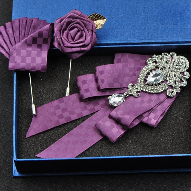 

British Fashion Red Rhinestone Bow Tie Wedding Collar Men Accessories Crystal Ties Brooch Pocket Towel Square Set Business Suits
