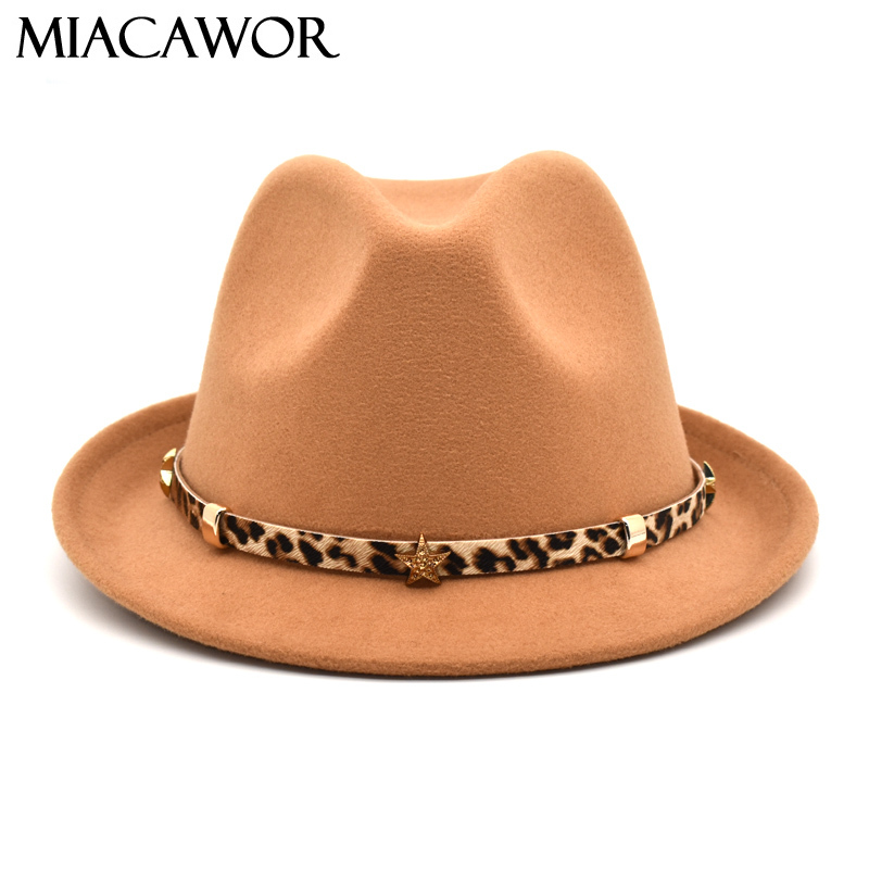 

Wide Brim Hats MIACAWOR Fashion Ladies Fedora Hat Men's Jazz Summer Spring Black Wool Blended Outdoor Leisure F29