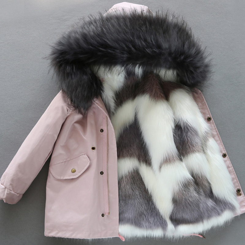 

girl Down Jacket 2020 Winter faux fur Coat liner detachable Long Fur Parka Warm Outerwear high quality baby girl winter coat, Pink and grey