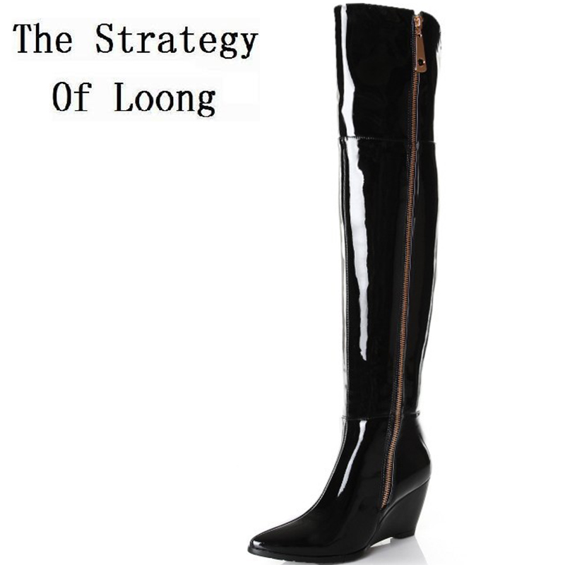 

New Women Wedges Genuine Leather Pointed Toe Side Zipper Autumn Winter Fashion Over The Knee Boots Plus Size 41-45, Black