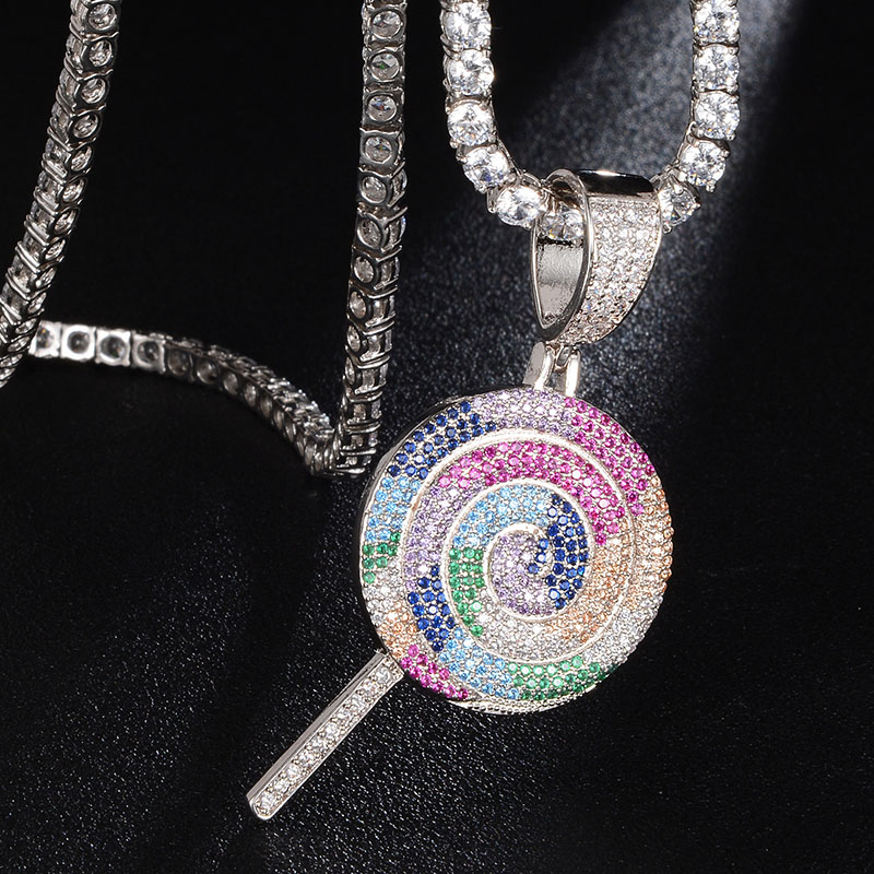 

Hip Hop CZ Stone Bling Out Tennis Chain Rainbow Lollipop Pendants Chokers Necklace for Men Women Unisex Rapper Jewelry