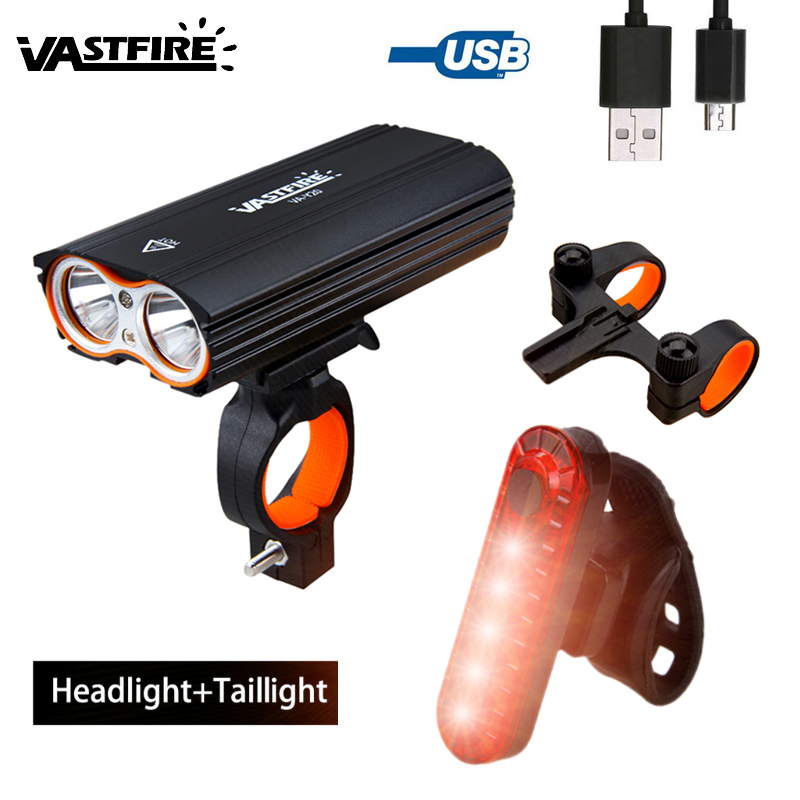 

Waterproof USB Rechargeable Bike Headlight 2*T6 LED Bicycle Light 4 Modes Built-in Battery Cycling Torch with Rear Lamp