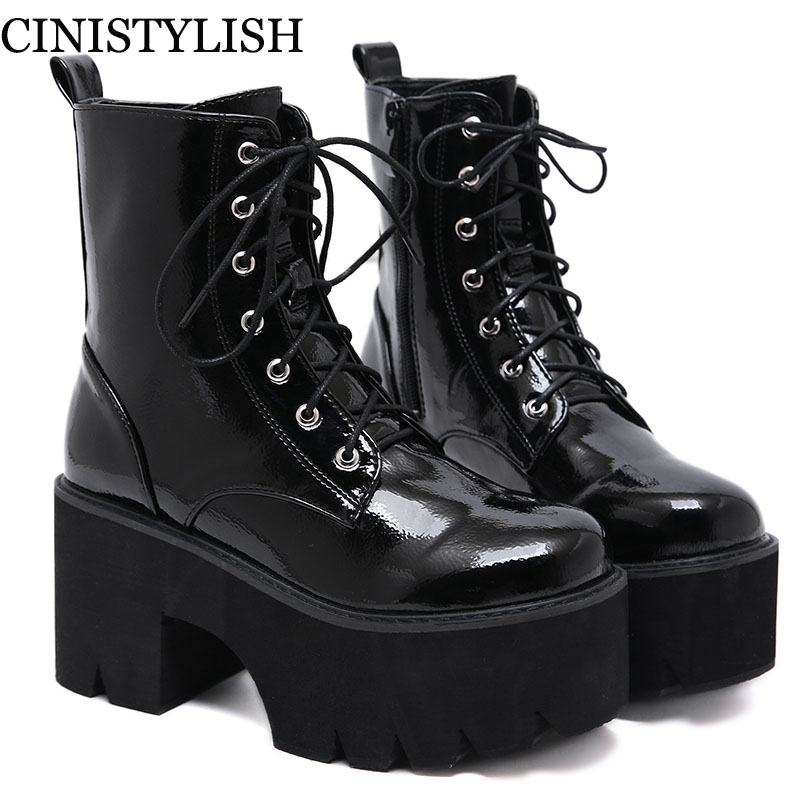 

Womens Lace UP Autumn Boots shoes woman on Platform Black High heels Patent Leather Ankle demonia Boots Punk Goth 2020 Gothic