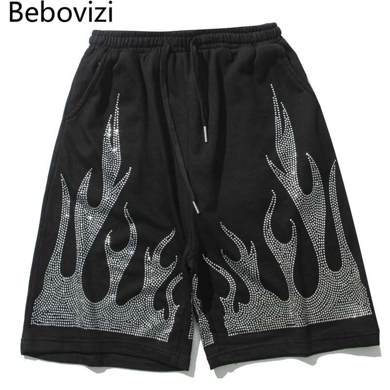 

Bebovizi Hip Hop Flame Shorts Harajuku Jogger Shorts Streetwear HipHop costume Men Harem Short Sweatpant Black Beach