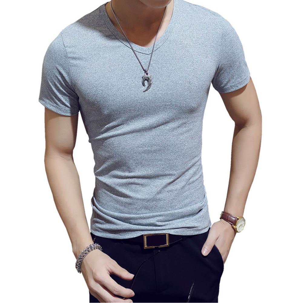 

Korean T Shirt 2019 Summer Men's Casual Cotton Short Sleeve Solid T-shirts V Collar Tops Tees Slim Gym Fitness Casual, Gray