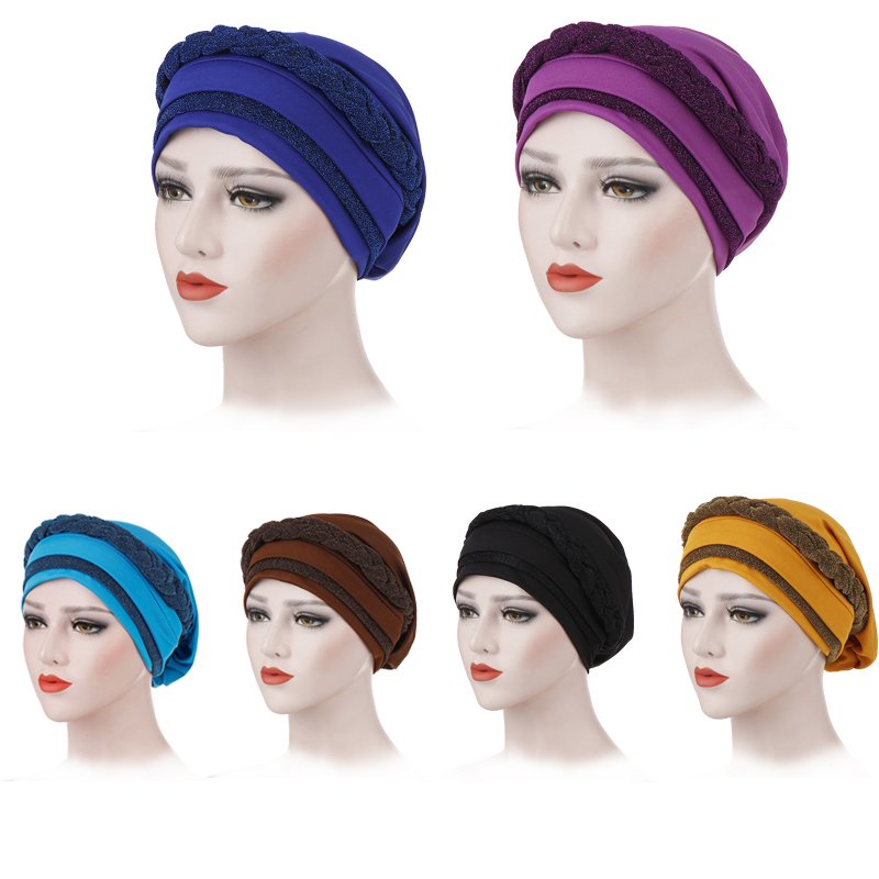 

Women Twist Glitter Caps Turban Hat Muslim turban folding hat Fashion Beanie Cap Headwear Head Wrap Muslim Hijib Scarf, White
