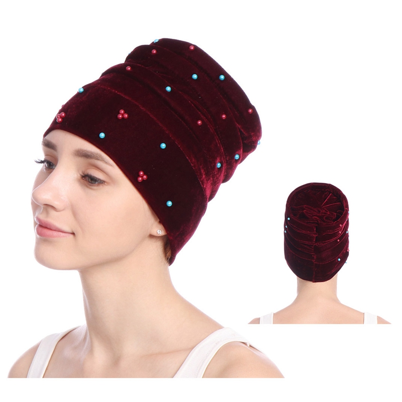 

New Design Flannel Women Turban Beaded Head Wrap Muslim Bandana Gold Velvet Sleeping Caps Chemotherapy Cap TB-07, Orange