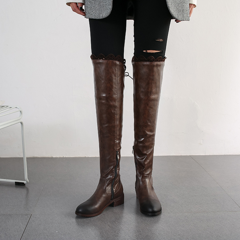 

Plus size 48 Shoes Women PU leather Over the Knee Boots Low Heels Casual Vintage Riding Boots Ladies Cool Black Brown Shoe Lady