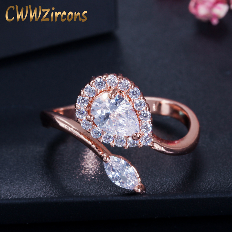 

CWWZircons Adjustable Size High Quality Rose Gold Color Pear Cut Cubic Zirconia Open Rings For Women Fashion Jewelry R089