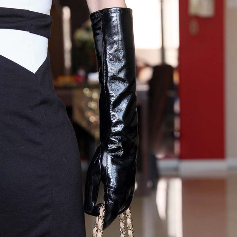 

40cm(15.75") long plain patent leather elbow evening long gloves black