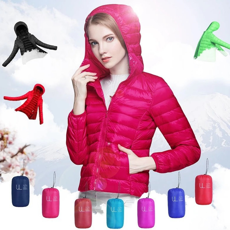 

Women Ultralight Thin Down Jackets Hooded White Duck Down Ma'am Light Winter Long Sleeve Warm Short Coat Parka Female, Black