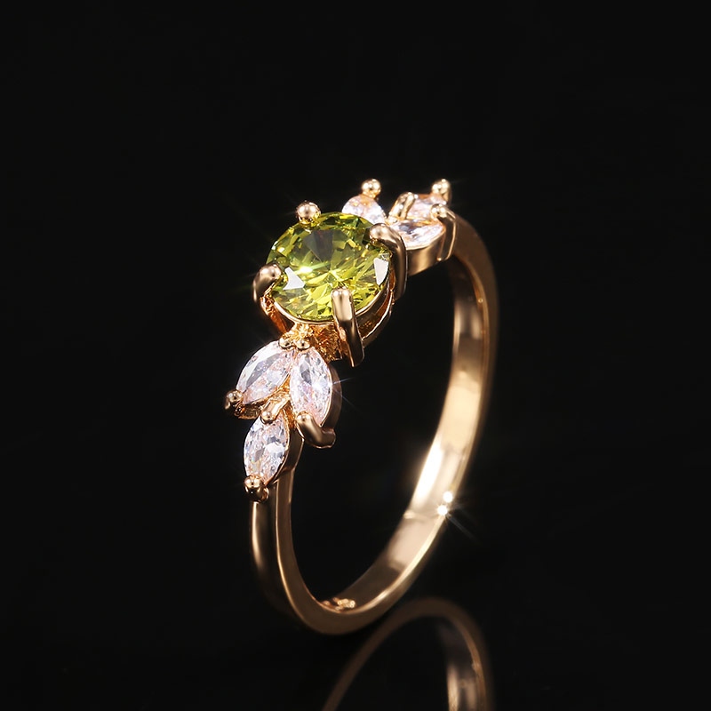 

Huitan Delicate Women Wedding Ring Olive Green Round Zircon with Leave Shape Elegant Gold Color Girl Gift Rings Trendy Jewelry