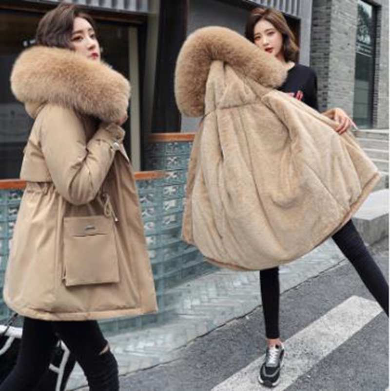 

Wholesale Ladies Velvet Liner Thicken Hooded Parka Women Slim With Big Fur Collar Outerwear Autumn Winter Jacket Women Coat, Pink