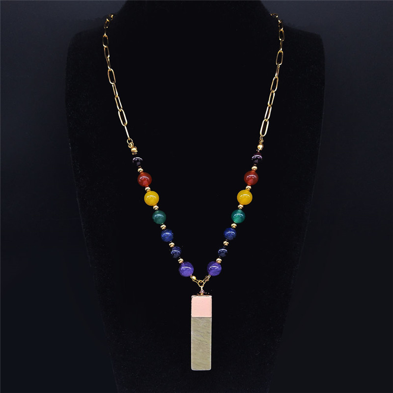 

Big Long 7 Color Chakra Natural Stone Stainless Steel Necklace Chain Green Gold Color Necklace Jewelry accesorios mujer N1S04