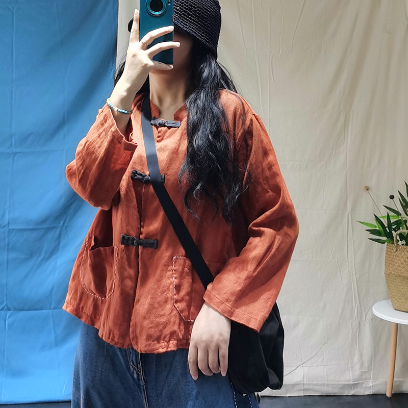 

Women Loose Stand Collar Linen Embroidered Pockets Blouse Tops Ladies Autumn Single Breasted Shirt Female 2020 Tops Blouses, Black