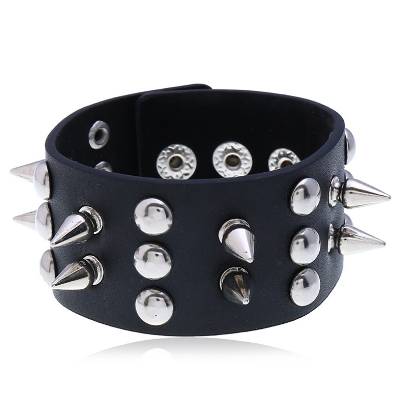 

Punk Rock Gothic Black Wide Bracelet Fashion Cuff Leather Metal Spikes Rivets Stud Biker Wristband Wrap Bangle Women Men Jewelry