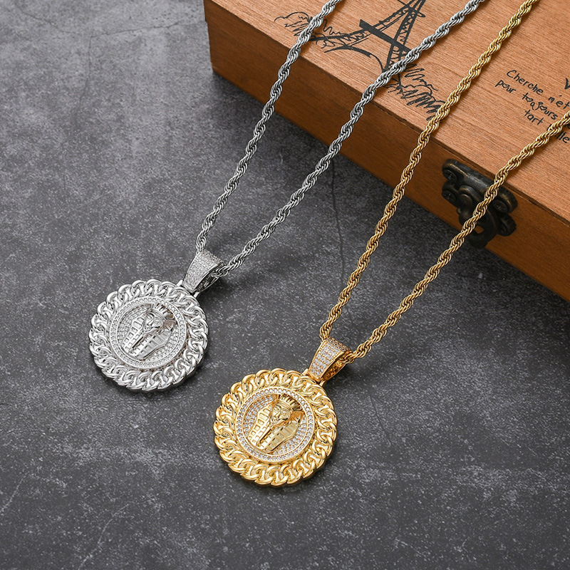 

Hip Hop CZ Stone Paved Bling Out Egyptian Pharaoh Tutankhamun Round Pendants Necklace for Men Rapper Jewelry Drop Shipping