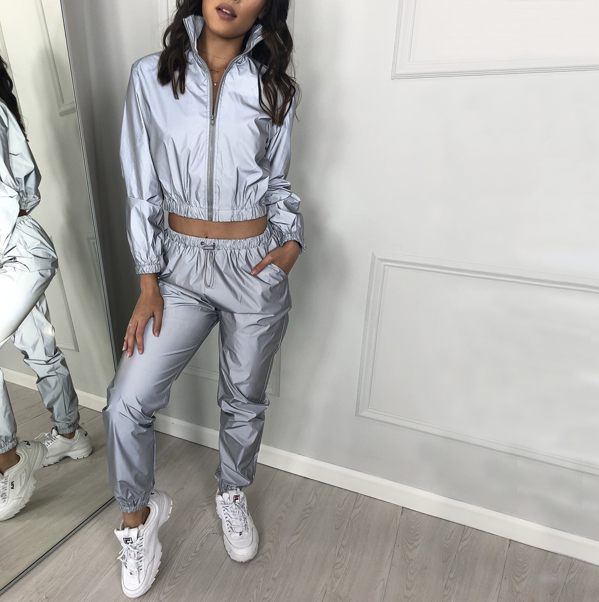 

women reflective two piece pants fashion tiktok ins celebrity sport outfits casual womens sweatsuits autumn long sleeve new arrival, White