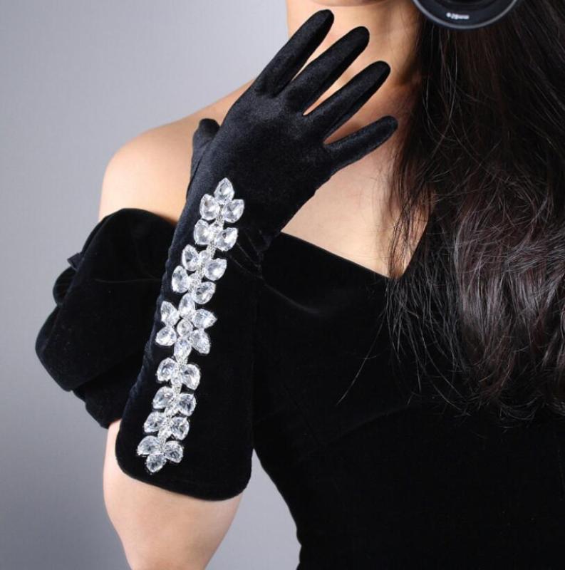 

Women's fashion sexy slim velvet elastic glove lady's club shiny diamonds beaded formal party long driving glove 40cm R2020