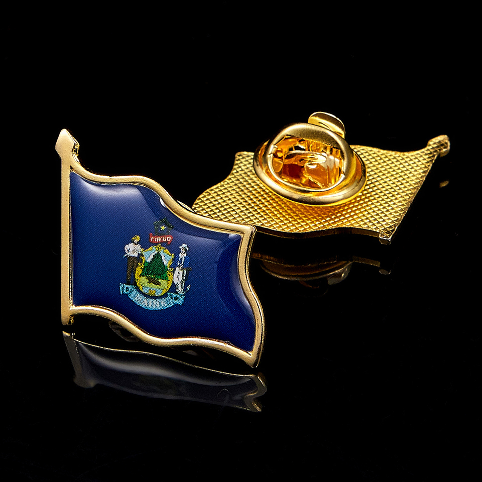 50PCS/Lot Souvenir Maine State of USA Gold Plated Flag Lapel Pin Badge Multicolor Brooch Collection Gift-image-589798477