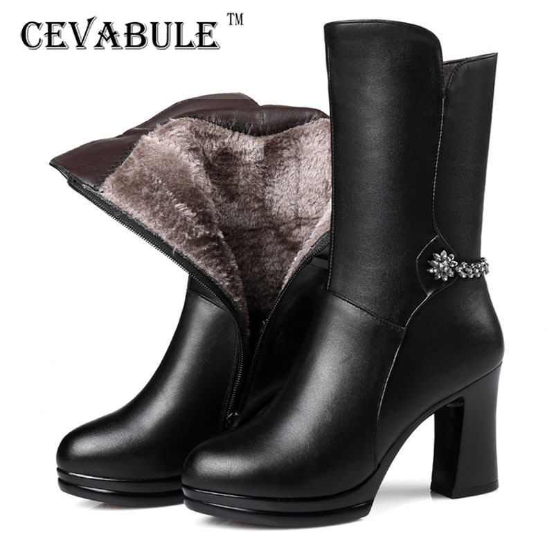 

CEVABLUE Winter Women's Boots Wool Warm Cotton Boots High-heeled Women's Shoes Water Drills Mother's Cotton Boots. ZLT-XDM-211, Black brown in