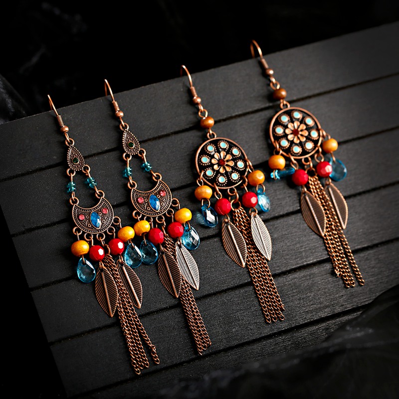 

2020 Women's Geometric Bronze Long Chain Tassel Jhumka Earrings Bohemia Flower Tibetan Earrings Oorbellen