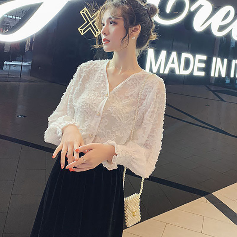 

Spring Autumn Style Women Chiffon Blouses Shirts Lady Casual Long Sleeve Feather Decor V-Neck Blusas Tops DD8947, Beige