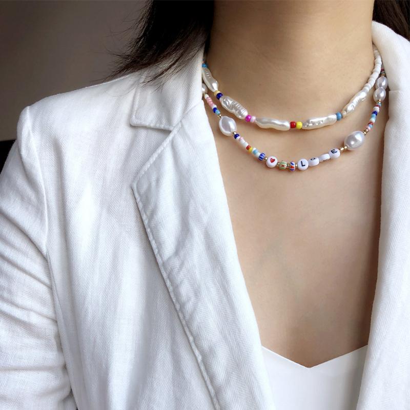

Chokers One Piece Artificial Pearl Chain Necklace For Women Aesthetic Seed Beads Love Letter Heart Necklaces Women's Neck Choker Set