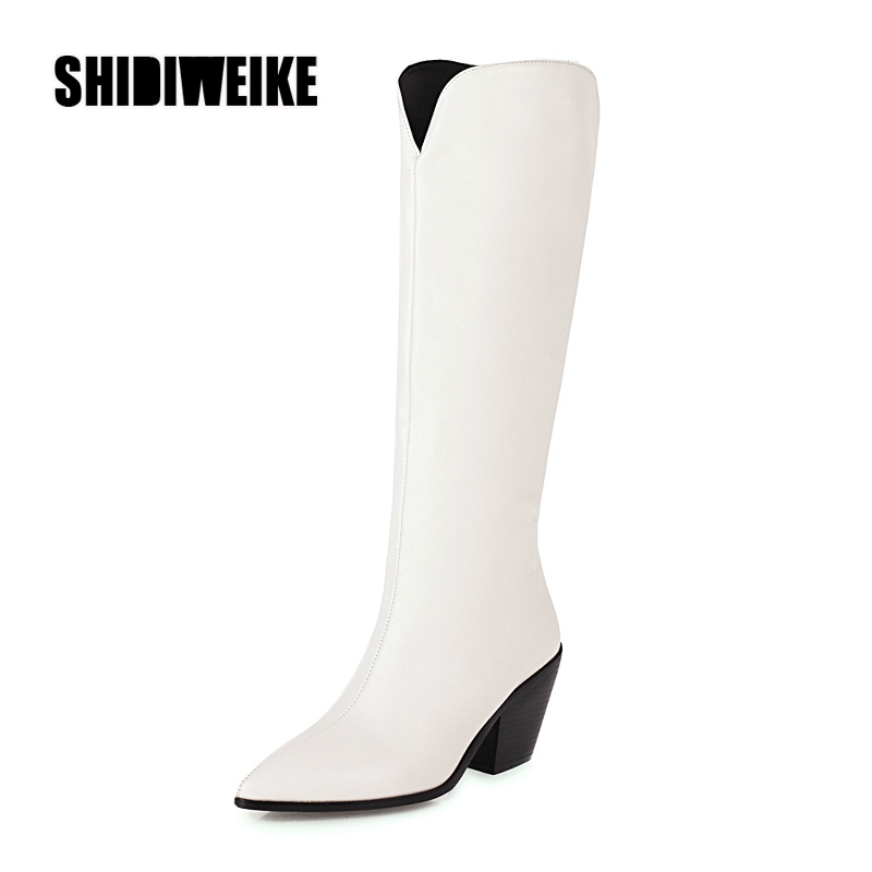 

Western Boots Women Knee High Knee-High Boots Fashion Pointed Toe Sewing Shoes Female High Heels Thick Shoes woman V338, Black