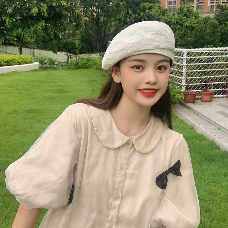 

autumn Girl lace flower embroidery decoration Beret spring summer fairy Korean sweet painter hat Retro Casual Design artist cap, White