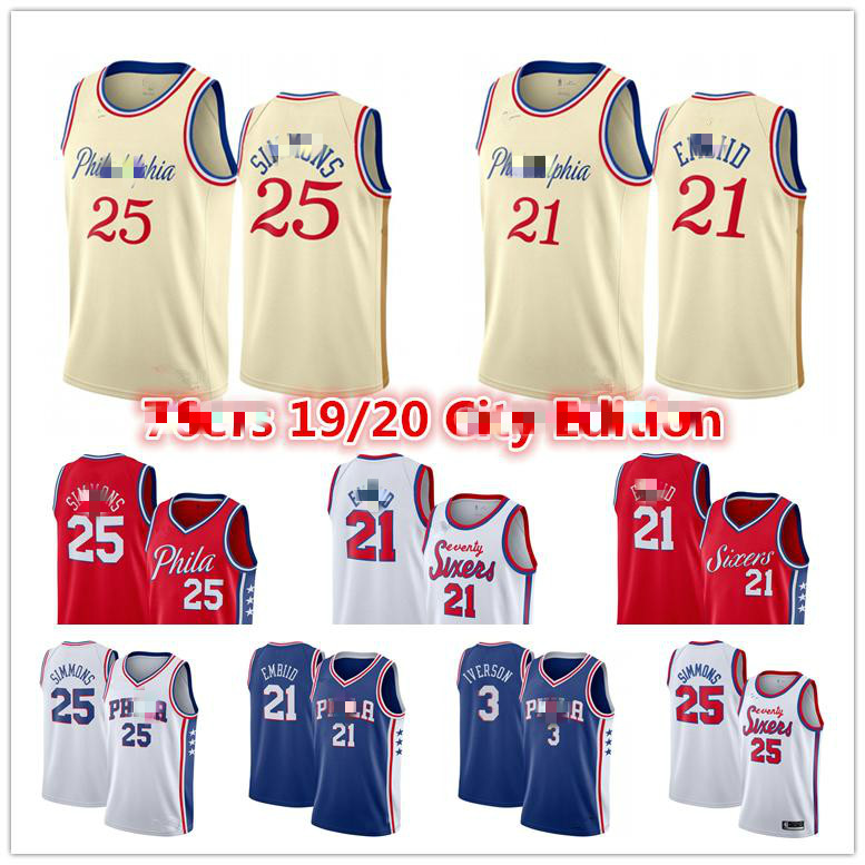 

Joel 21 Embiid Ben 25 Simmons Philadelphia 76ers Sixers Jersey Al Horford Allen 3 Iverson City Cream Edition Basketball Jerseys, Blue;black