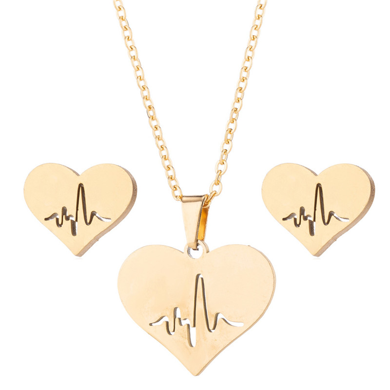 

Fashion Stainless Steel Love Heart Necklace Women Gold Heartbeat Stud Earrings Jewelry Sets for Girls Wedding Jewelry, As picture