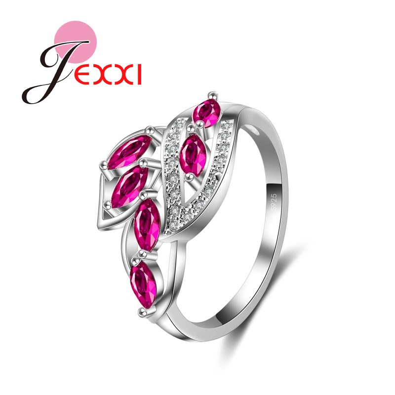 

Fashion Women Beautiful Rose Pink Leaf Shape Crystal 925 Silver Rings Stylish Bridal Wedding Engagement Propose Jewelry